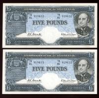 Image 1 for 1961 Consecutive Pair Five Pound Banknotes Coombs-Wilson TB81 919633-634 aUNC