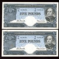 Image 1 for 1961 Consecutive Pair Five Pound Banknotes Coombs-Wilson TB81 919634-635 aUNC