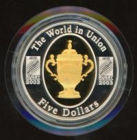Image 2 for 2003 Rugby World Cup $5.00 Selectively Gold Plated Silver Proof Coin