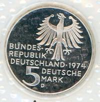 Image 2 for 1974D German Silver Proof Five Mark Coin