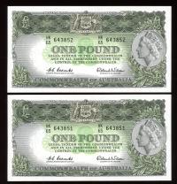 Image 1 for 1961 Consecutive Pair Coombs-Wilson One Pound Notes Last Prefix HK65 643851-852 UNC