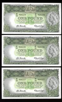 Image 1 for 1961 Consecutive Trio Coombs-Wilson One Pound Notes HK50 968227-29 EF