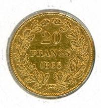 Image 1 for 1865 Belgium Gold 20 Francs (C)