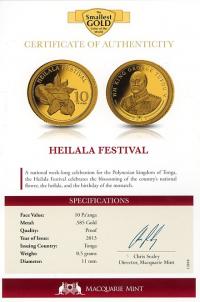 Image 3 for 2013 Tonga .05 Gram Gold 10 Pa'anga - Heilala Festival