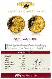 Image 3 for 2015 Samoa .05 Gram .585 Gold One Dollar - Carnival In Rio