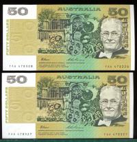 Image 1 for 1993 Consecutive Pair of $50 Fraser Evans First Prefix FAA 478327-38 UNC