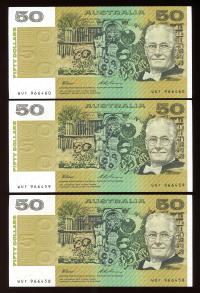 Image 1 for 1993 Consecutive Trio of $50 Fraser Evans WUF 966458-60 UNC