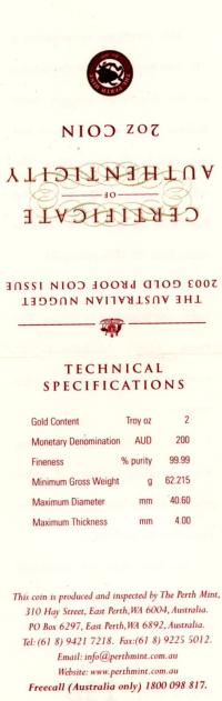 Image 5 for 2003 Australian Nugget 2oz Gold Proof Coin - Kangaroo