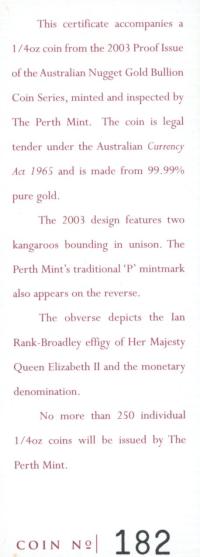 Image 2 for 2003 Australian Nugget Quater oz Gold Proof Coin - Kangaroo