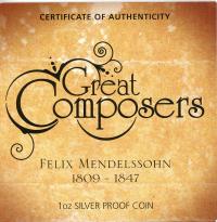 Image 4 for 2009 Tuvalu Great Composers 1oz Silver Proof - Fekix Mendelssohn