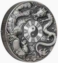 Image 2 for 2019 Dragon and Phoenix 5oz Silver Antiqued Coin