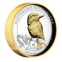 Image 1 for 2021 Australian Kookaburra 2oz Silver Proof High Relief Gilded Coin