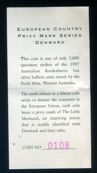 Image 3 for 1997 1oz Kookaburra European Country Privy Mark Series - Denmark