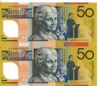 Image 1 for 2003 $50 Pair First Prefix AA03 053626-27 UNC