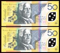 Image 2 for 2007 Consecutive Pair $50 Polymer BF07 458274-275 UNC