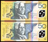 Image 2 for 2009 Consecutive Pair $50 Polymer AD09 146443-444 UNC