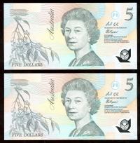 Image 2 for 1992 Consecutive Pair Fraser-Cole $5.00 AA01 301046-47 UNC