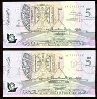 Image 1 for 1992 Consecutive Pair Fraser-Cole $5.00 AA01 301046-47 UNC