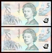 Image 2 for 1992 Consecutive Pair Fraser-Cole $5.00 AA17 541661-662 Pale Green Serials UNC