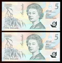 Image 2 for 1992 Consecutive Pair Fraser-Cole $5.00 AA37 761386-387 UNC