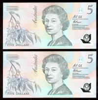 Image 2 for 1992 Consecutive Pair Fraser-Cole $5.00 AB08 539234-235 UNC