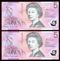 Image 2 for 1995 Consecutive Pair $5 First Prefix AA95 026472-473 UNC