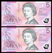 Image 2 for 1995 Consecutive Pair $5 1st Prefix AA95 029180-181 UNC