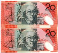 Image 2 for 1996 $20 Polymer Pair 1st Prefix AA96 360112-13 UNC
