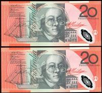 Image 2 for 1997 Consecutive Pair $20 First Prefix AA97 001094-095 UNC