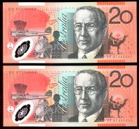Image 1 for 2007 Consecutive Pair $20 Polymer  UNC - EK07 600042-043