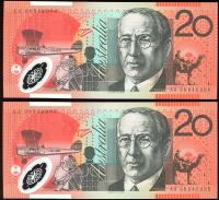 Image 1 for 2008 $20 Polymer Consecutive Pair First Prefix AA08 849804-805 UNC