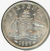 Image 1 for 1959 Australian Sixpence UNC
