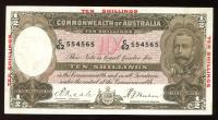 Image 1 for 1934 Ten Shilling Banknote Riddle-Sheehan C62 554565 aVF