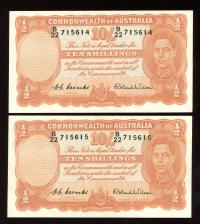Image 1 for 1952 Consecutive Pair Ten Shilling Banknotes Coombs Wilson B22 715614-15 gEF