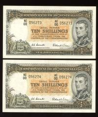 Image 1 for 1954 Consecutive Pair Ten Shilling Banknotes 1st Prefix AC00 056273 - 205674 gEF