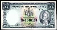 Image 1 for 1960's Reserve Bank of New Zealand Five Pound Note with Thread 12E 174729 aUNC