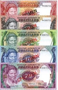 Image 1 for 1974 Swaziland Set of 5 Specimen Notes UNC 1,2,5,10,20