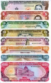 Image 1 for 1978 Dominican Republic Set 8 Specimen Notes UNC 1,5,10,20,50,100,500,1000