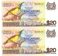 Image 1 for 1979 Singapore Consecutive Pair Twenty Dollar Note UNC A77 039172-73