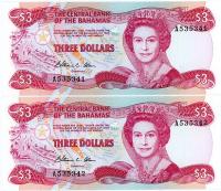 Image 1 for 1984 Bahamas Consecutive Pair three Dollar Note UNC A535341-42