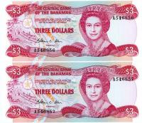 Image 1 for 1984 Bahamas Consecutive Pair Three Dollar Notes UNC  A546856-57
