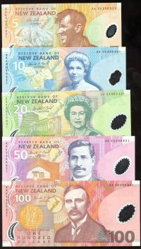 Image 1 for 2003 New Zealand Set of 5 First Prefix Notes with Matching Serial Numbers AA03 000831 UNC
