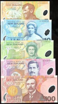 Image 1 for 2004 New Zealand Set of 5 First Prefix Notes with Matching Serial Numbers AA04 000831 UNC