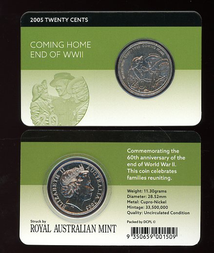 Thumbnail for 2005 Coming Home Twenty Cent Uncirculated Coin on DCPL Card